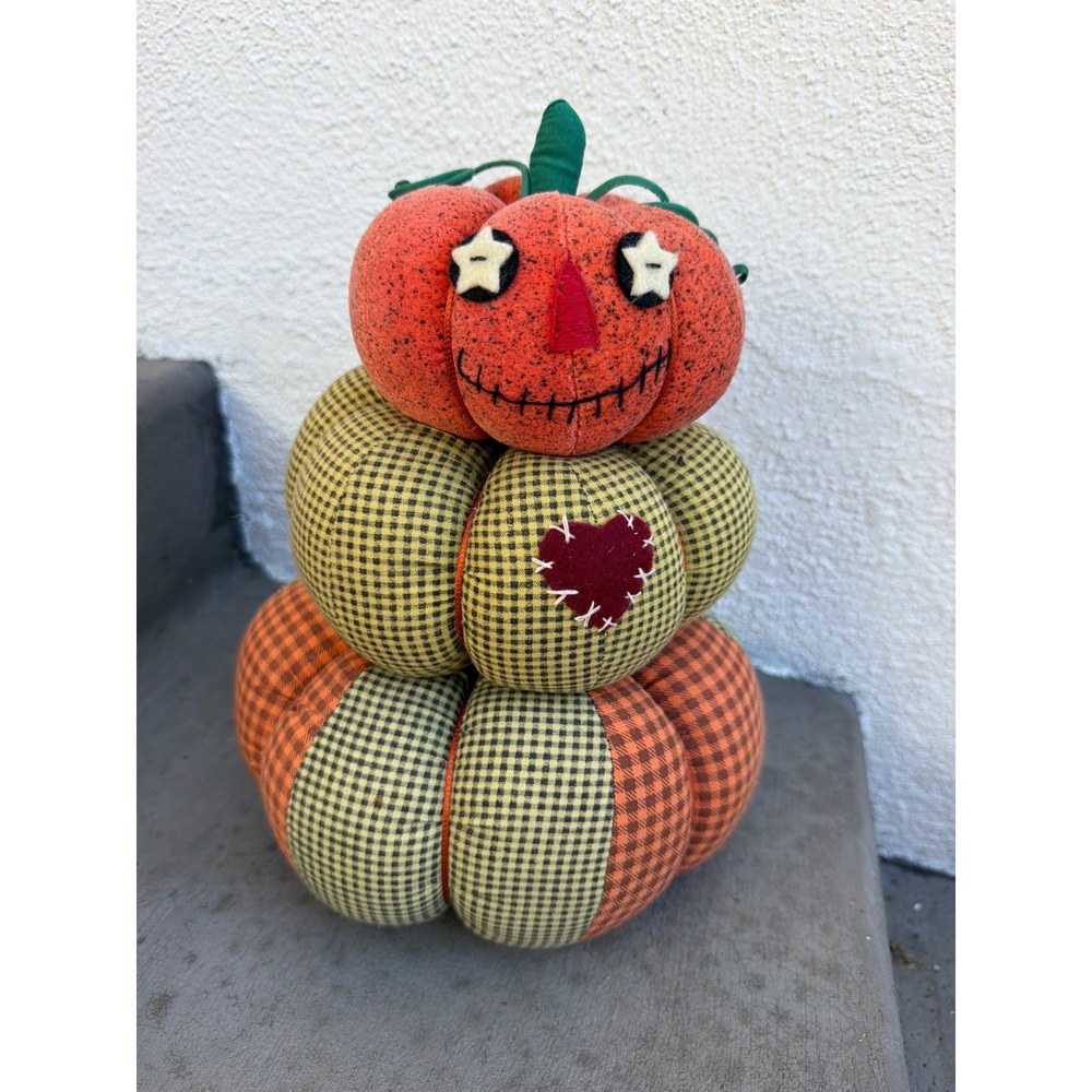 International Silver Co Stacked Pumpkin Plush Decor 9.5in Vintage 1997 Plaid